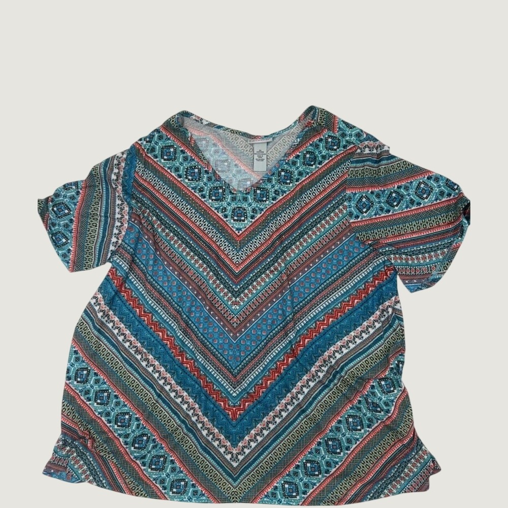 Catherines Womens 2X 22/24W Blue Geometric Chevron V-Neck Rhinestone Blouse Top